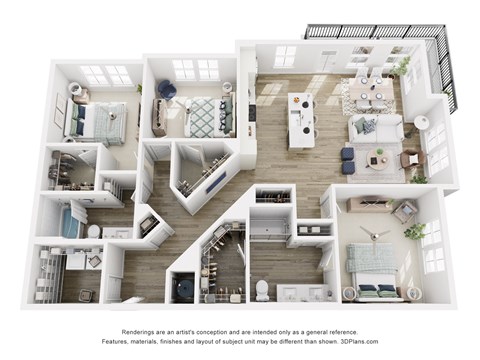 A 3D floor plan of Tapestry Beard Road - C1  3-bedroom 2-bathroom apartment
